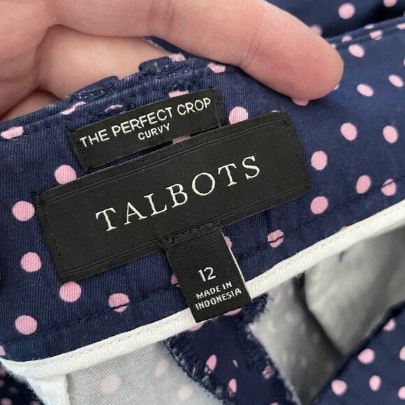 Talbots Women 12 Blue Pink Polka Dot Cotton Preppy Curvy The Perfect Crop Pants - Picture 8 of 9